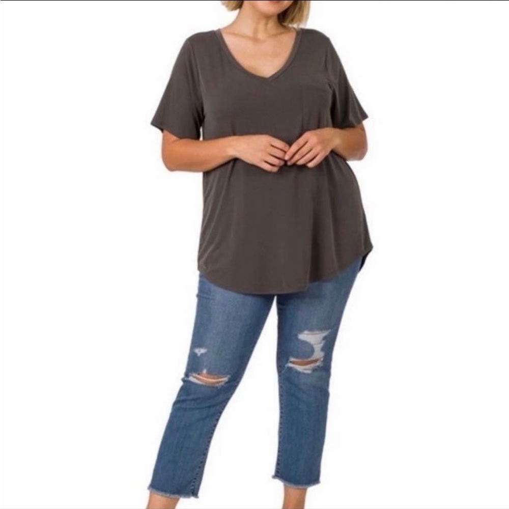 ZENANA Closet Essential! 
V-Neck Front Pocket Tee Top